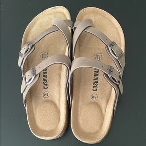 Cushionaire Taupe Double-Buckle Footbed Sandals